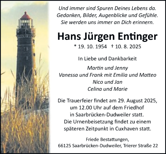 Traueranzeige von Hans Jürgen Entinger von saarbruecker_zeitung