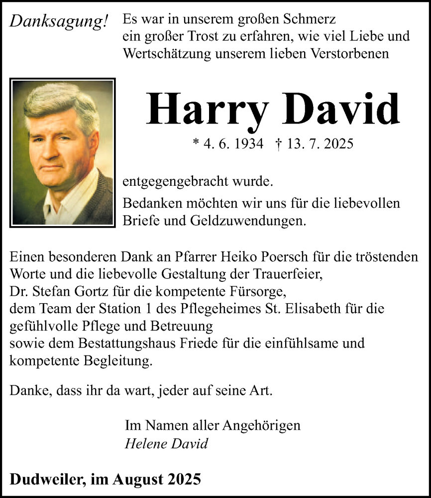  Traueranzeige für Harry David vom 23.08.2025 aus saarbruecker_zeitung