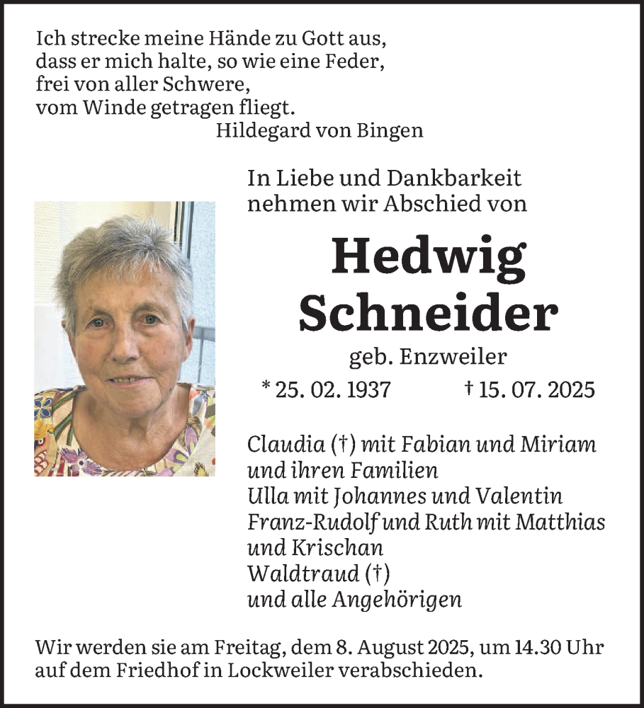  Traueranzeige für Hedwig Schneider vom 06.08.2025 aus saarbruecker_zeitung