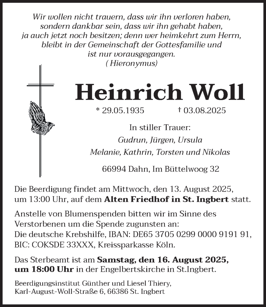  Traueranzeige für Heinrich Woll vom 09.08.2025 aus saarbruecker_zeitung