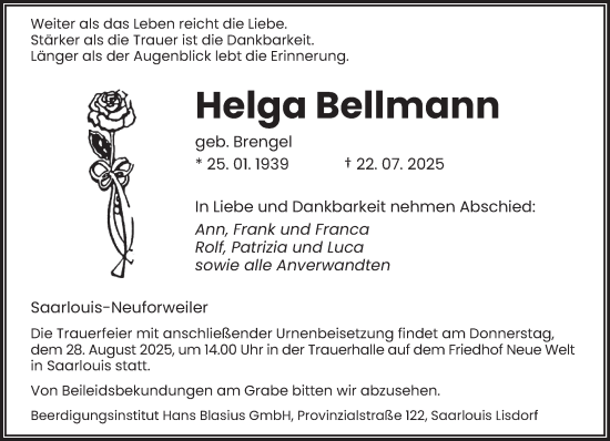 Traueranzeige von Helga Bellmann von saarbruecker_zeitung