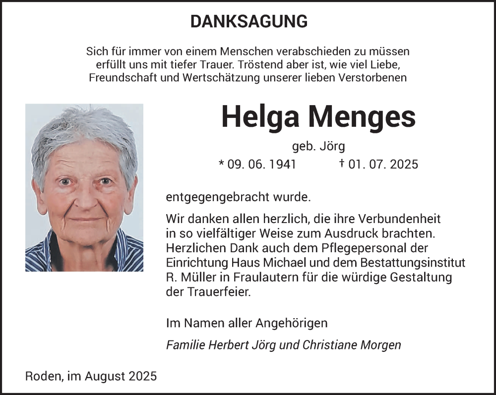  Traueranzeige für Helga Menges vom 02.08.2025 aus saarbruecker_zeitung