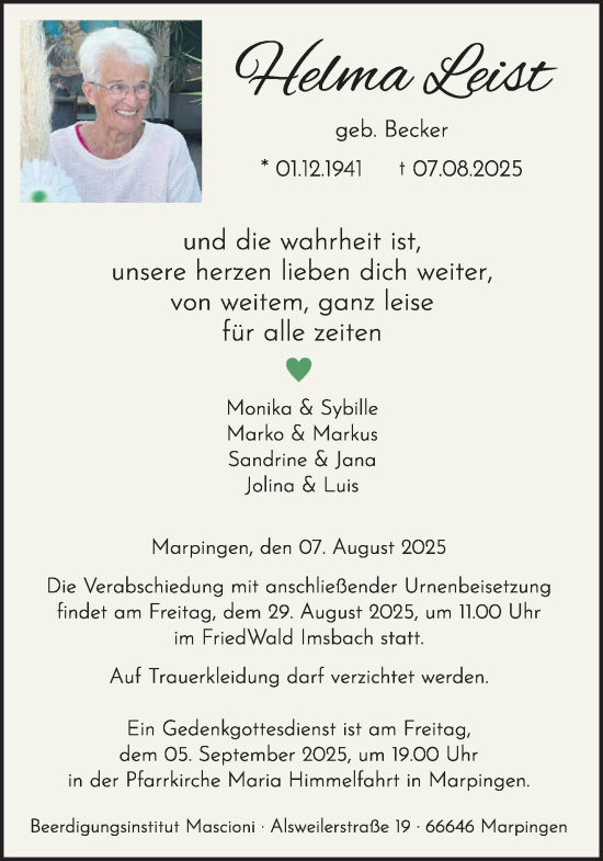 Traueranzeige von Helma Leist von saarbruecker_zeitung