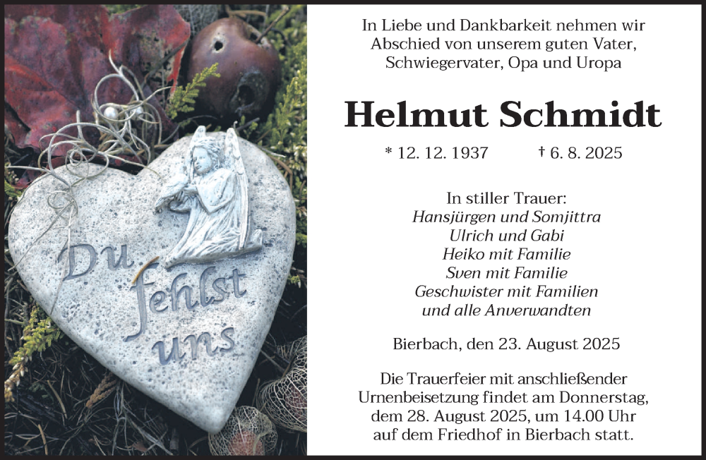  Traueranzeige für Helmut Schmidt vom 23.08.2025 aus saarbruecker_zeitung