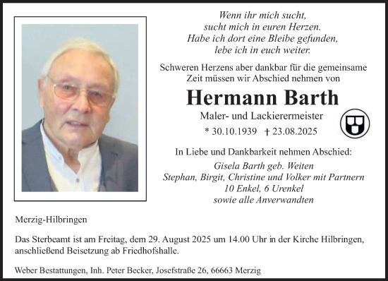 Traueranzeige von Hermann Barth von saarbruecker_zeitung