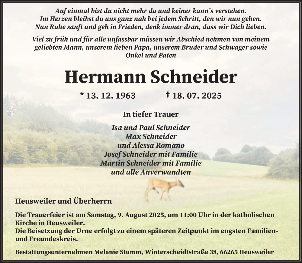  Traueranzeige für Hermann Schneider vom 02.08.2025 aus saarbruecker_zeitung