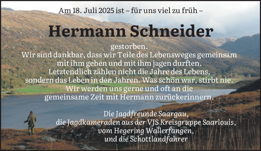 Traueranzeige für Hermann Schneider vom 02.08.2025 aus saarbruecker_zeitung