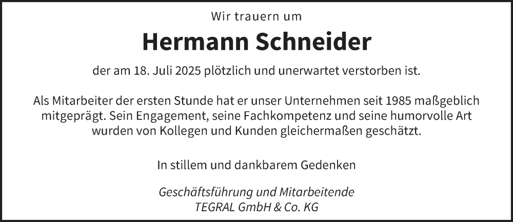  Traueranzeige für Hermann Schneider vom 02.08.2025 aus saarbruecker_zeitung