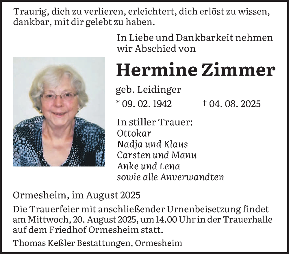  Traueranzeige für Hermine Zimmer vom 09.08.2025 aus saarbruecker_zeitung