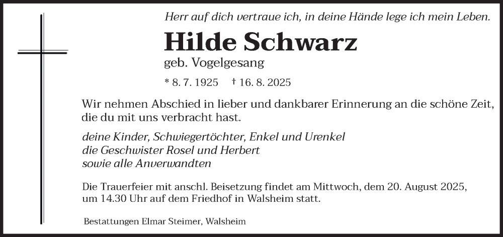  Traueranzeige für Hilde Schwarz vom 19.08.2025 aus saarbruecker_zeitung