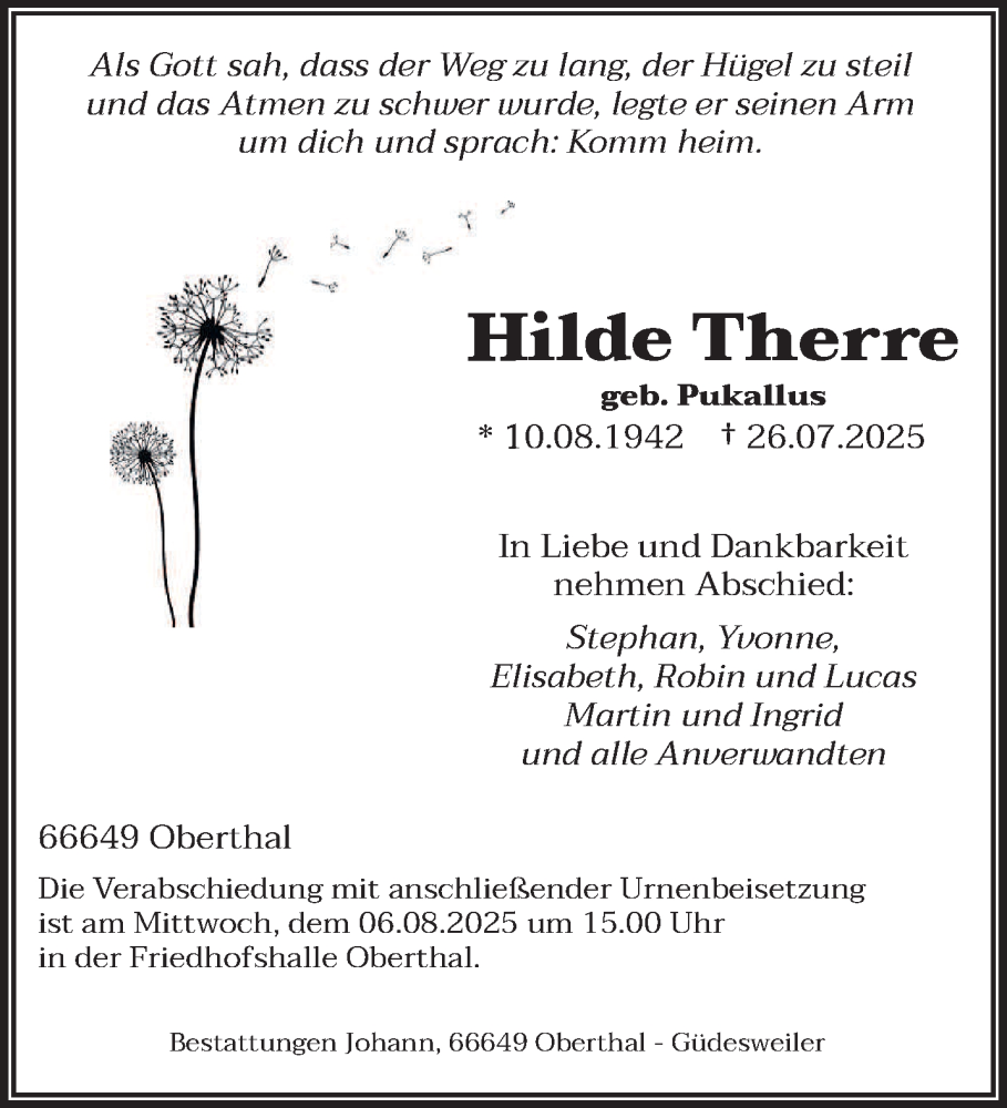  Traueranzeige für Hilde Therre vom 02.08.2025 aus saarbruecker_zeitung
