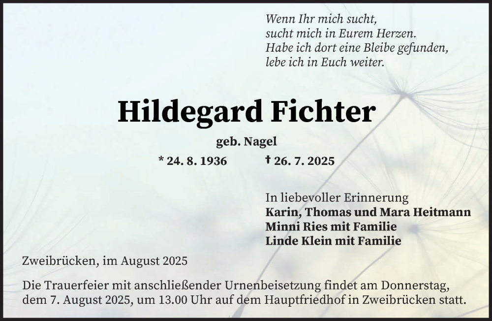  Traueranzeige für Hildegard Fichter vom 04.08.2025 aus saarbruecker_zeitung