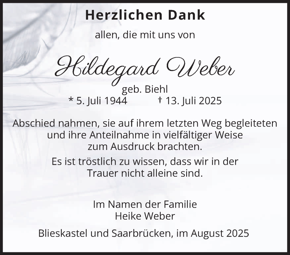  Traueranzeige für Hildegard Weber vom 16.08.2025 aus saarbruecker_zeitung