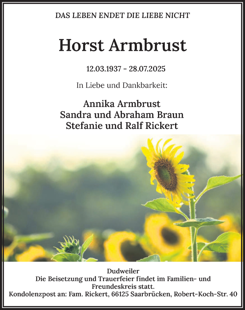  Traueranzeige für Horst Armbrust vom 09.08.2025 aus saarbruecker_zeitung