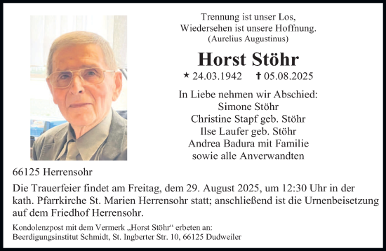 Traueranzeige von Horst Stöhr von saarbruecker_zeitung