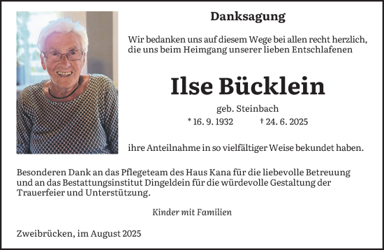 Traueranzeige von Ilse Bücklein von saarbruecker_zeitung