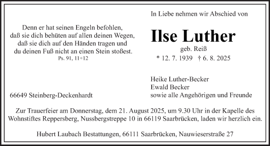 Traueranzeige von Ilse Luther von saarbruecker_zeitung