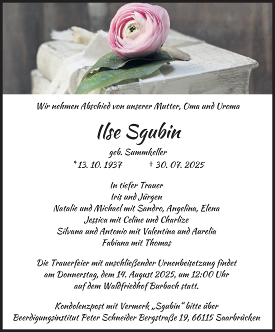 Traueranzeige von Ilse Sgubin von saarbruecker_zeitung