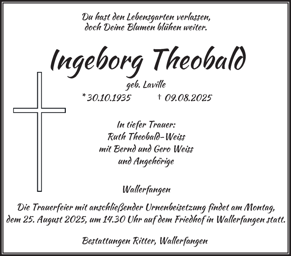  Traueranzeige für Ingeborg Theobald vom 16.08.2025 aus saarbruecker_zeitung