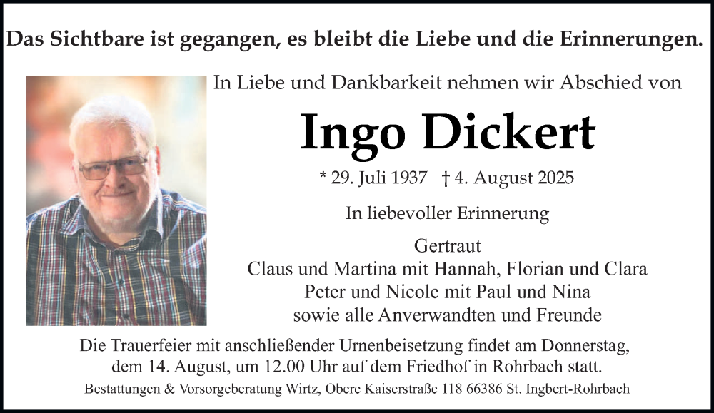 Traueranzeige für Ingo Dickert vom 09.08.2025 aus saarbruecker_zeitung