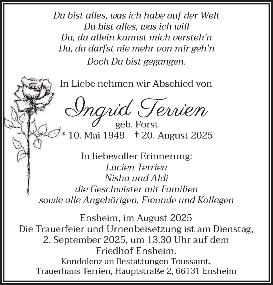  Traueranzeige für Ingrid Terrien vom 23.08.2025 aus saarbruecker_zeitung