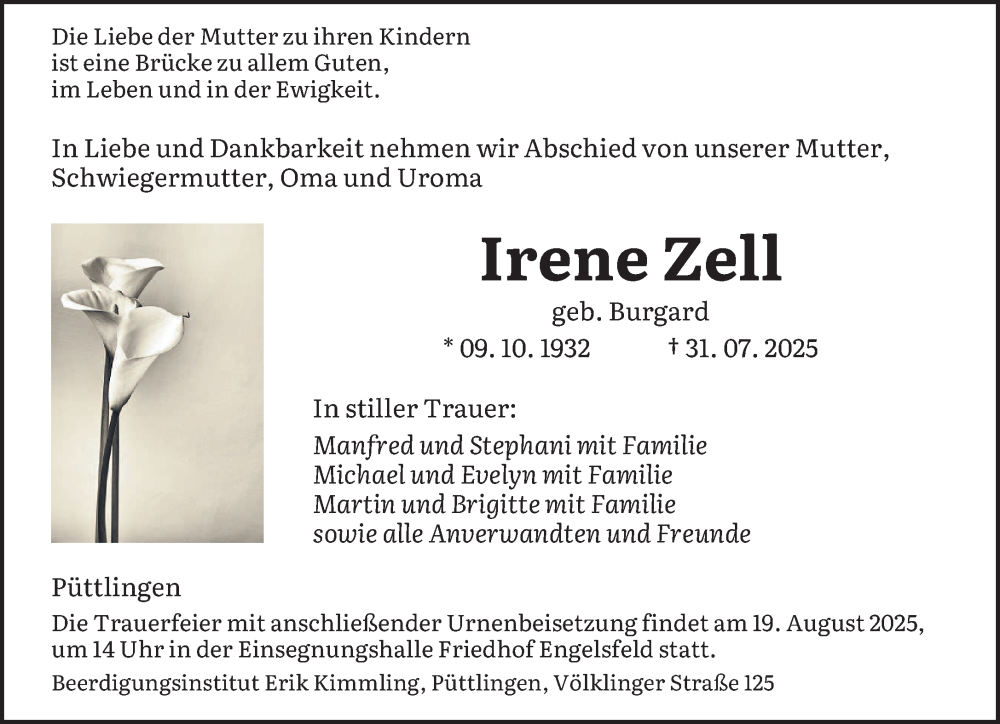  Traueranzeige für Irene Zell vom 09.08.2025 aus saarbruecker_zeitung