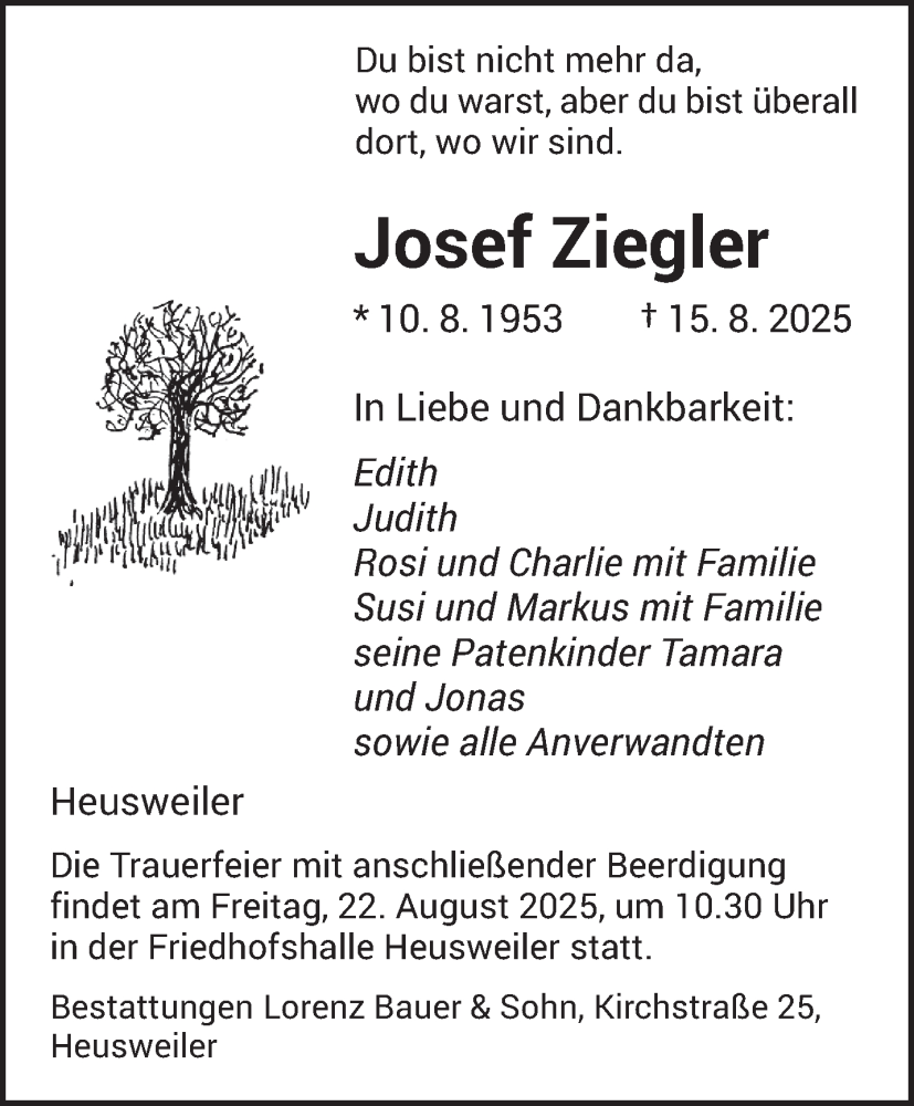  Traueranzeige für Josef Ziegler vom 19.08.2025 aus saarbruecker_zeitung