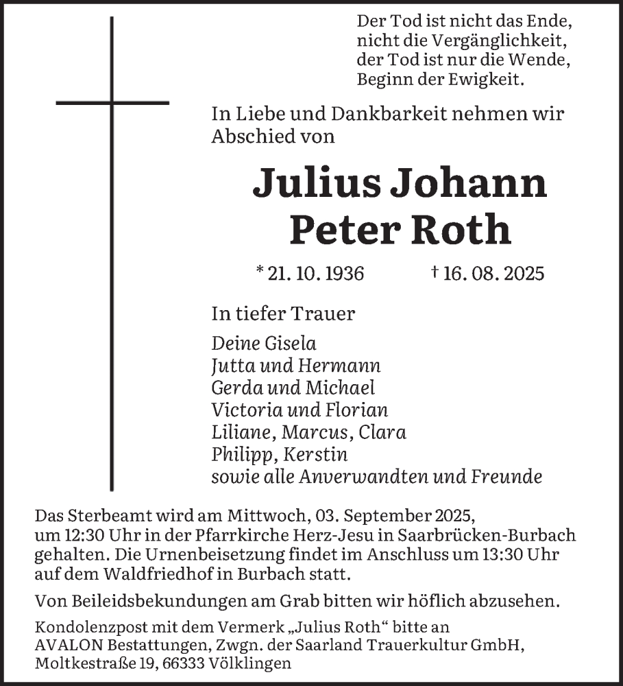  Traueranzeige für Julius Johann Peter Roth vom 23.08.2025 aus saarbruecker_zeitung