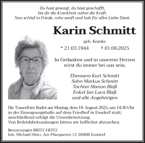 Traueranzeige von Karin Schmitt von saarbruecker_zeitung
