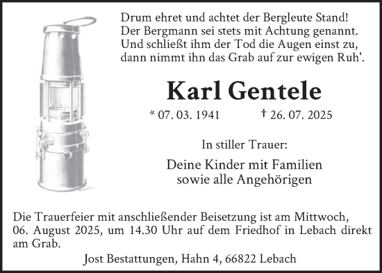 Traueranzeige von Karl Gentele von saarbruecker_zeitung