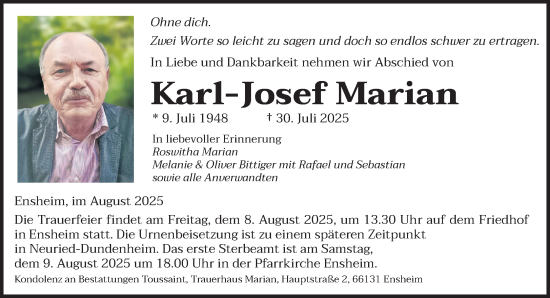 Traueranzeige von Karl-Josef Marian von saarbruecker_zeitung
