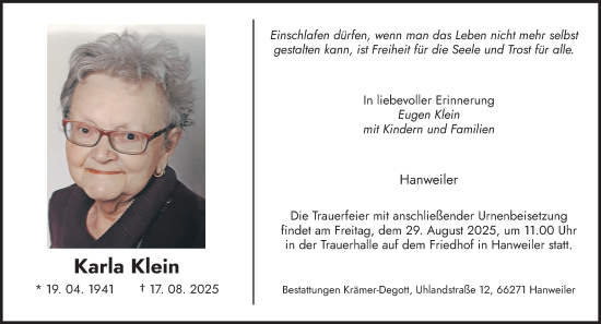 Traueranzeige von Karla Klein von saarbruecker_zeitung