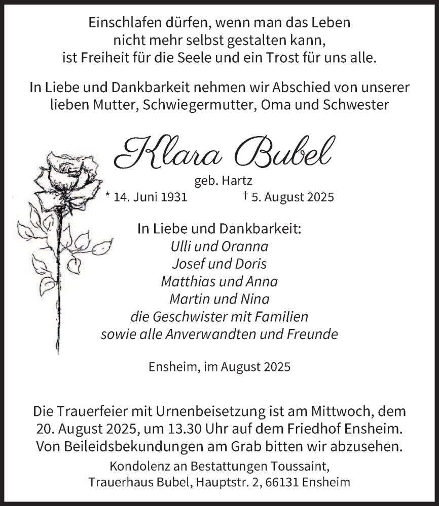  Traueranzeige für Klara Bubel vom 09.08.2025 aus saarbruecker_zeitung