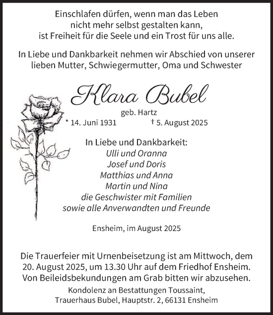 Traueranzeige von Klara Bubel von saarbruecker_zeitung