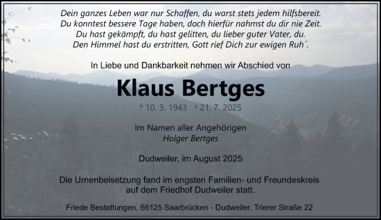 Traueranzeige von Klaus Bertges von saarbruecker_zeitung