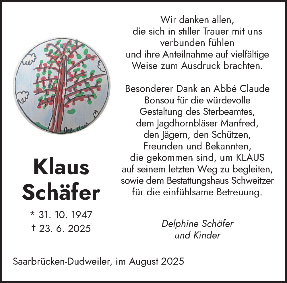  Traueranzeige für Klaus Schäfer vom 09.08.2025 aus saarbruecker_zeitung
