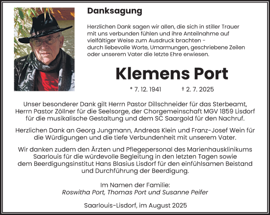 Traueranzeige von Klemens Port von saarbruecker_zeitung
