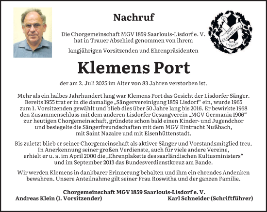 Traueranzeige von Klemens Port von saarbruecker_zeitung