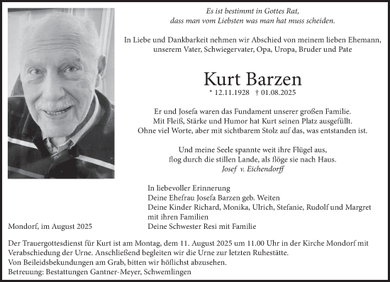 Traueranzeige von Kurt Barzen von saarbruecker_zeitung