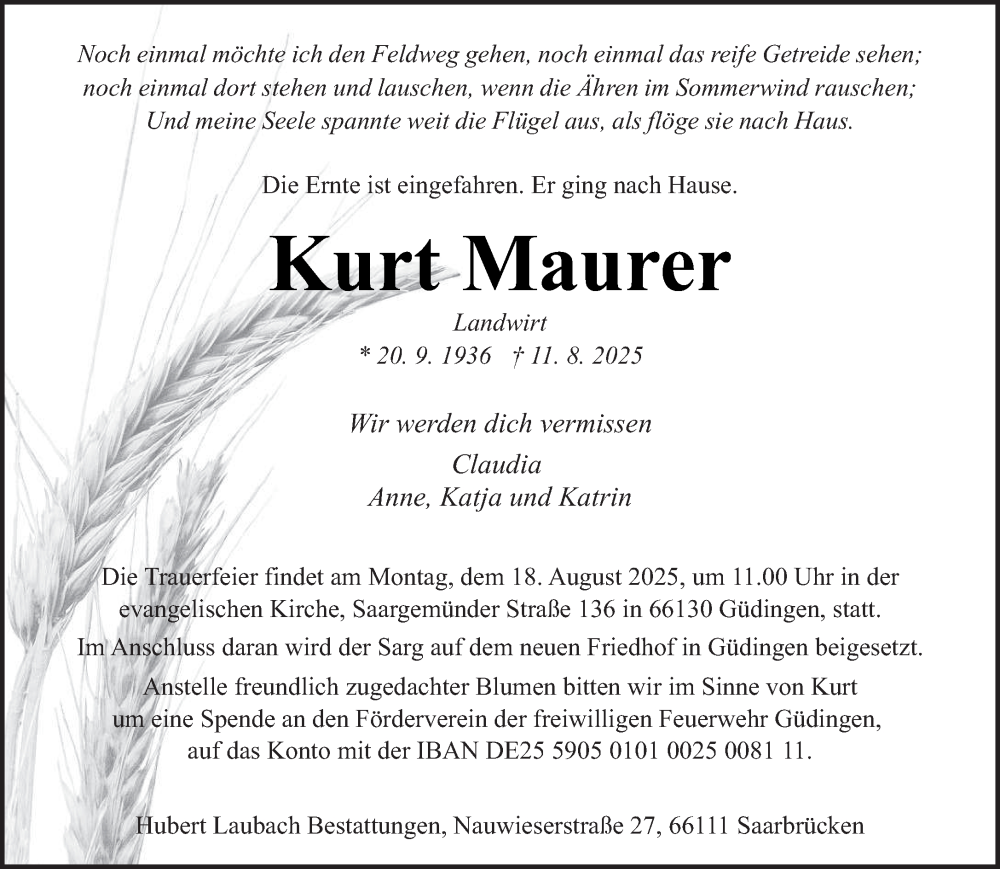  Traueranzeige für Kurt Maurer vom 16.08.2025 aus saarbruecker_zeitung