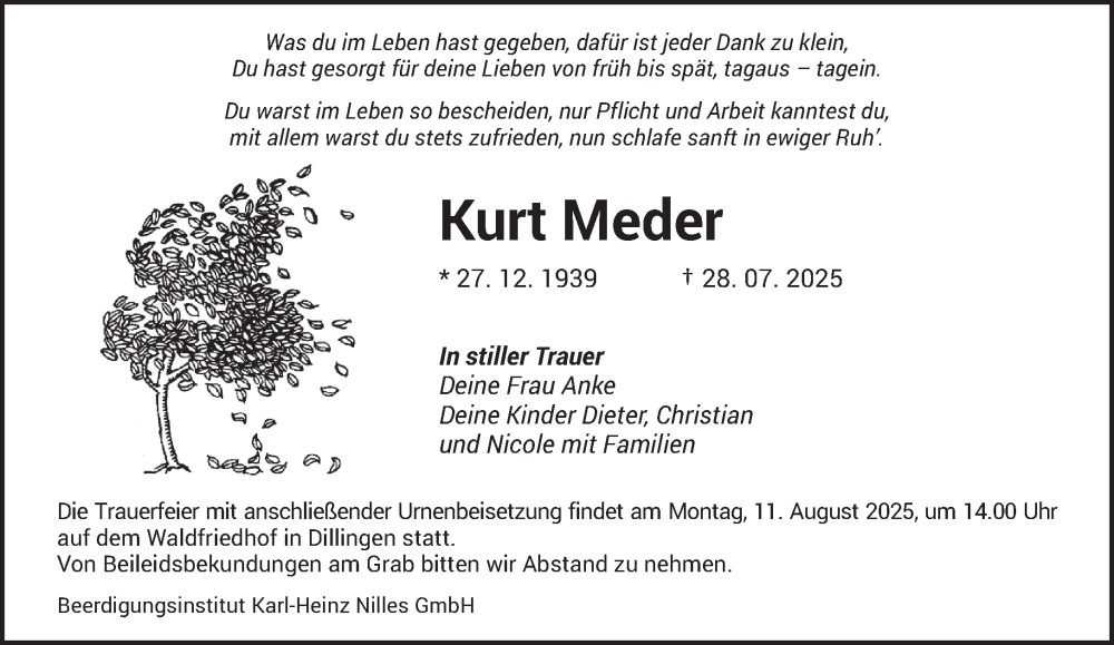  Traueranzeige für Kurt Meder vom 02.08.2025 aus saarbruecker_zeitung