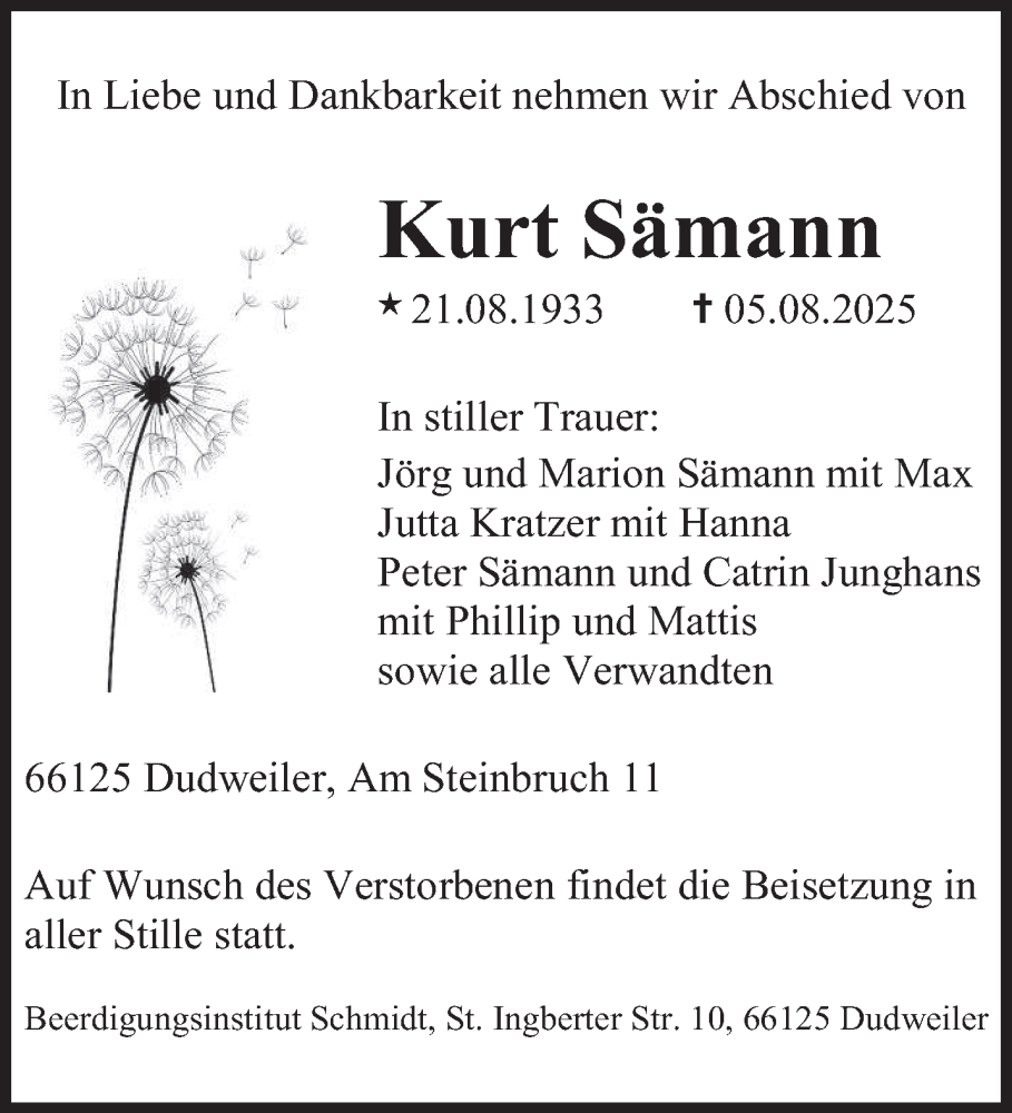  Traueranzeige für Kurt Sämann vom 09.08.2025 aus saarbruecker_zeitung