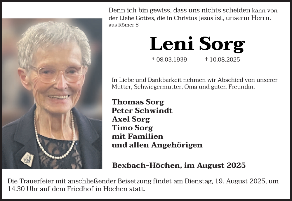 Traueranzeige für Leni Sorg vom 16.08.2025 aus saarbruecker_zeitung