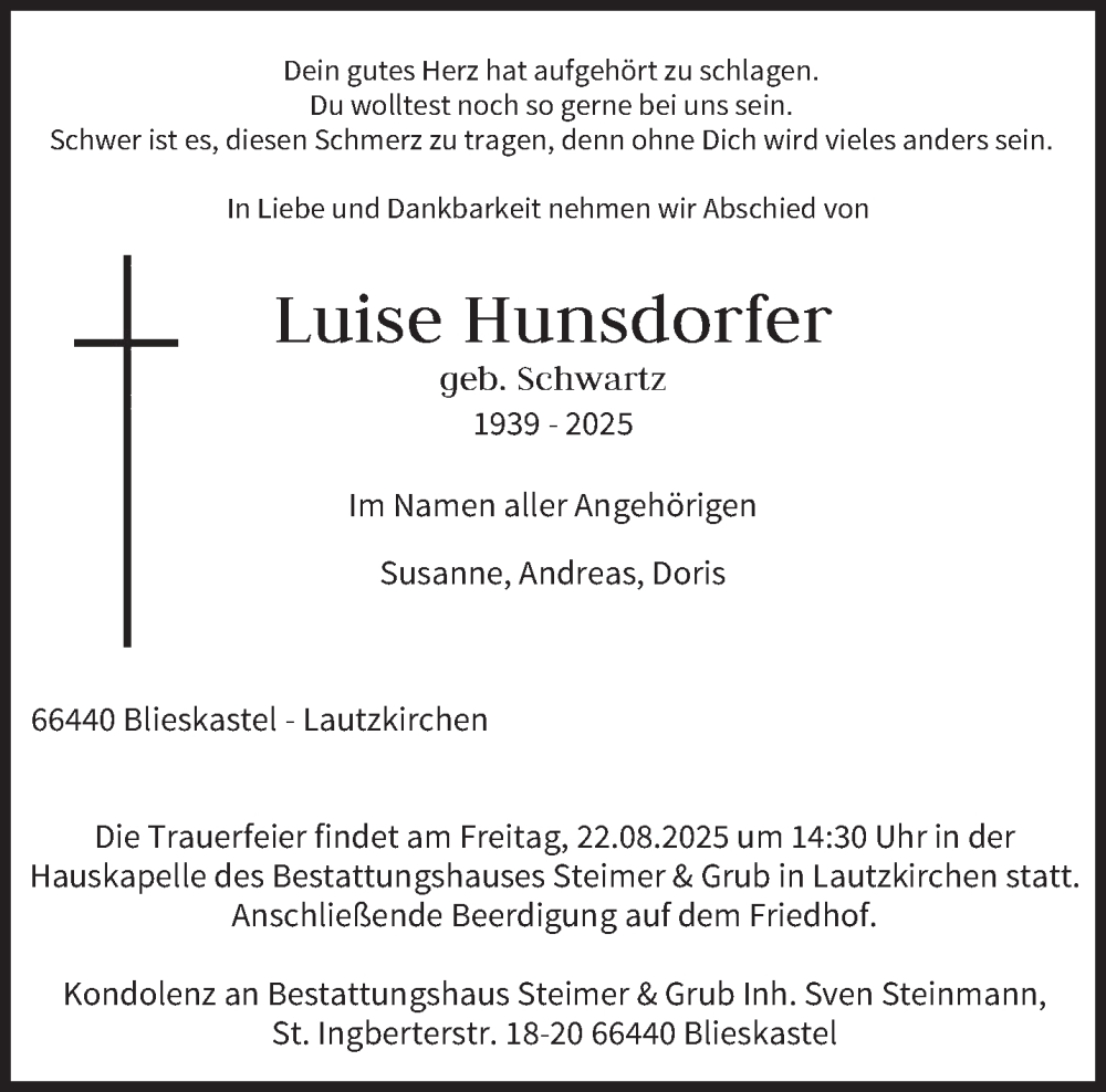  Traueranzeige für Luise Hunsdorfer vom 20.08.2025 aus saarbruecker_zeitung