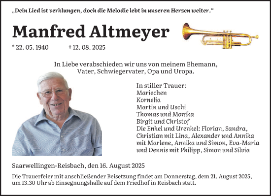 Traueranzeige von Manfred Altmeyer von saarbruecker_zeitung