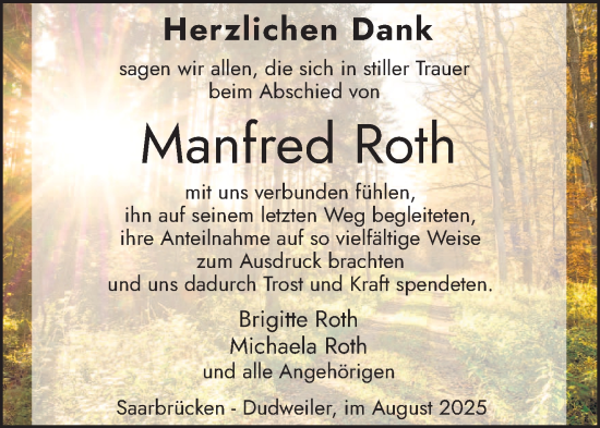 Traueranzeige von Manfred Roth von saarbruecker_zeitung