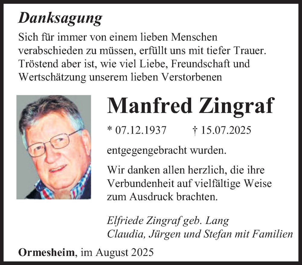  Traueranzeige für Manfred Zingraf vom 09.08.2025 aus saarbruecker_zeitung