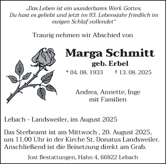 Traueranzeige von Marga Schmitt von saarbruecker_zeitung