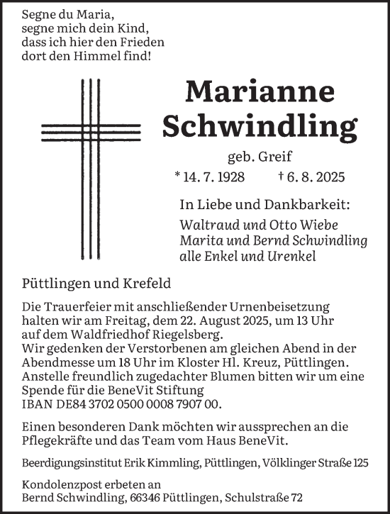 Traueranzeige von Marianne Schwindling von saarbruecker_zeitung