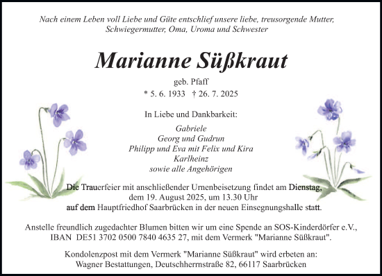 Traueranzeige von Marianne Süßkraut von saarbruecker_zeitung